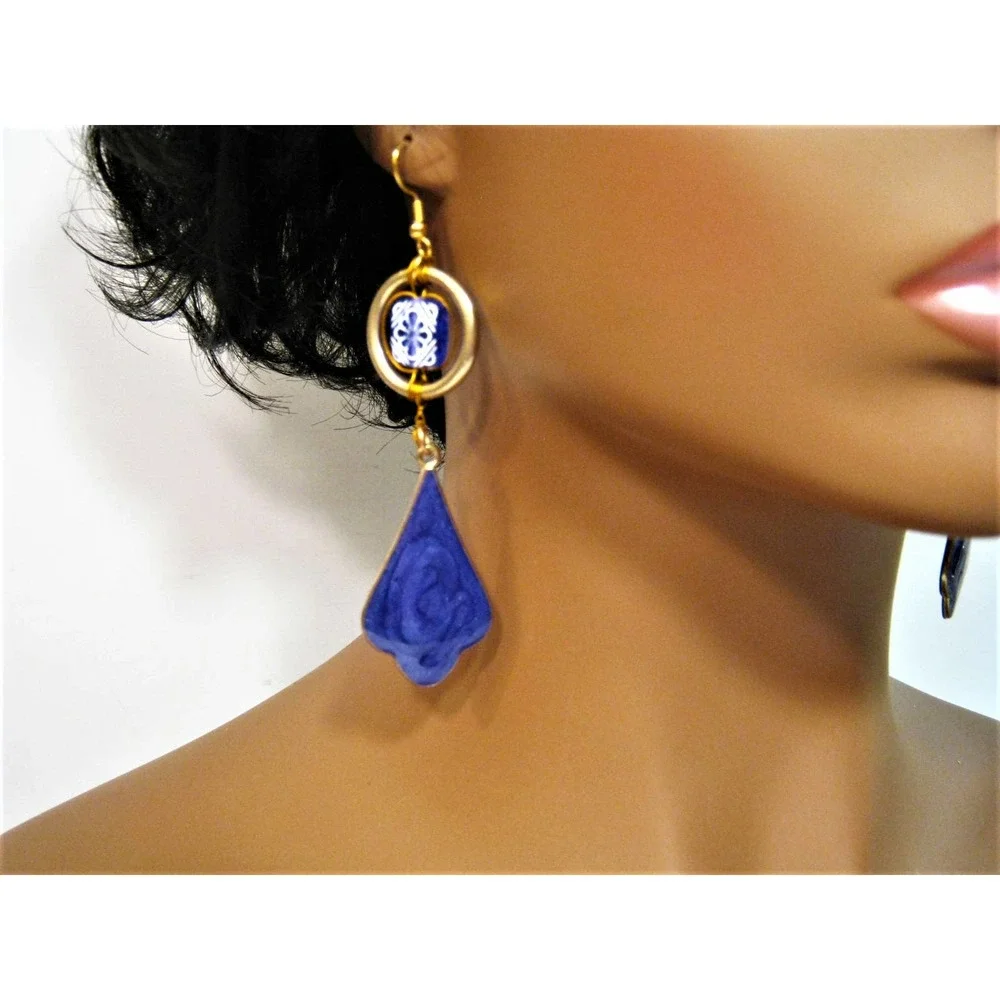 Purple Gold Enameled metal Vintage Bead accent Drop Earrings 3 inch long